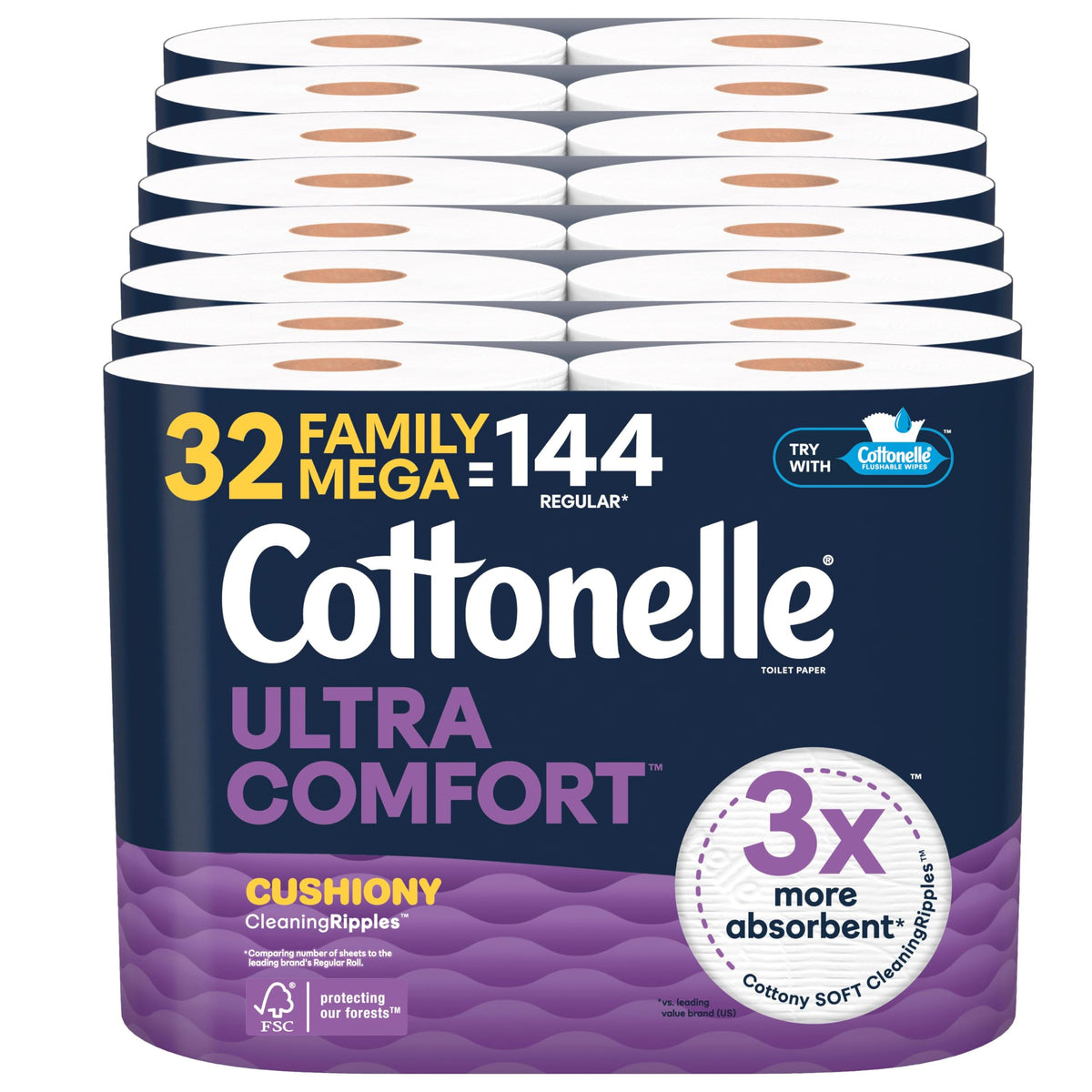 Cottonelle Ultra Comfort Toilet Paper with Cushiony CleaningRipples Texture, 32 Family Mega Rolls (32 Family Mega Rolls = 144 Regular Rolls) (8 Packs of 4), 296 Sheets per Roll