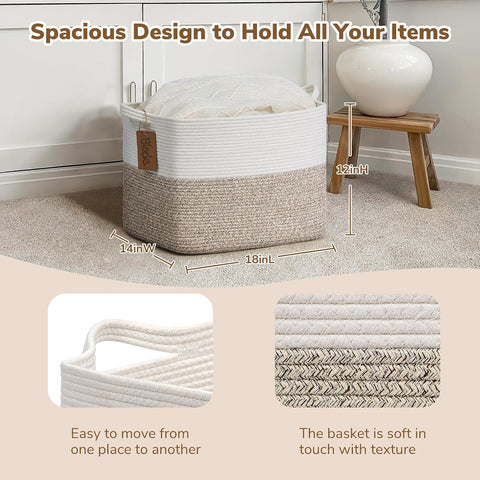 Goodpick 50L Large Woven Rope Storage Basket, Rectangle, Light Brown