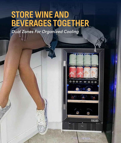 NewAir 15" Wine and Beverage Refrigerator 9 Bottle and 48 Can Capacity, Beverage Cooler in Stainless Steel, Built-in or Freestanding Dual Zone Drink Fridge with Triple-Pane Glass Door