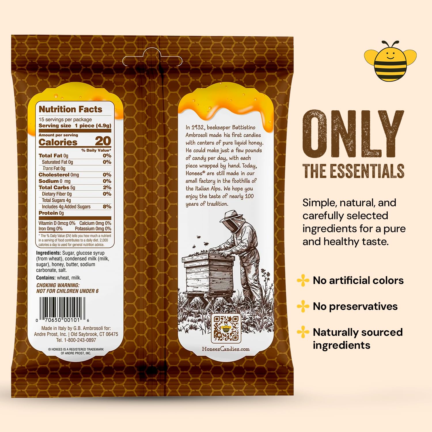 Honees Honey Caramels Hard Candy Individually Wrapped | Natural & Healthy Candy, Italian Made with Milk & Pure Honey, 6 Pack (17.1 oz)
