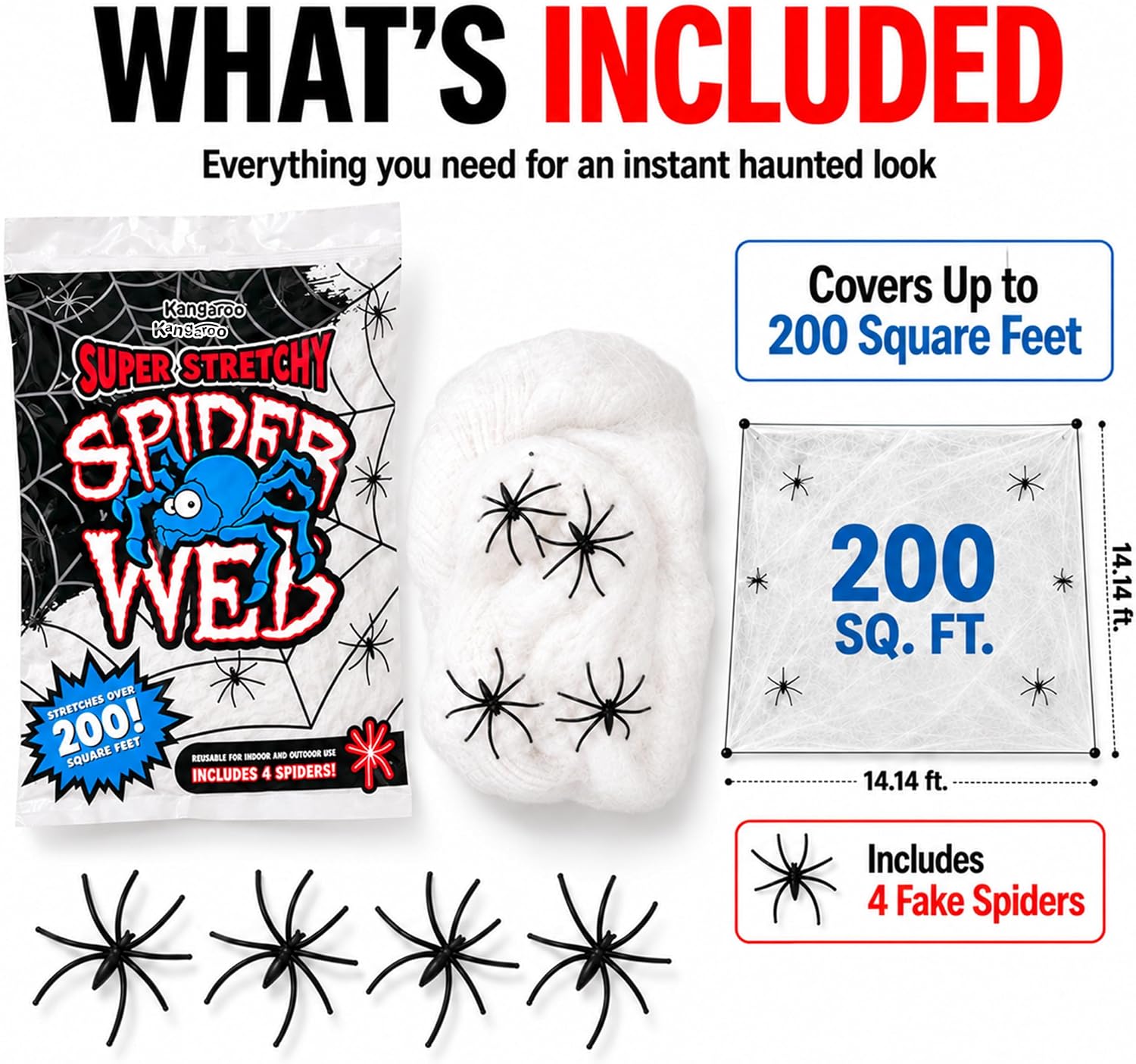 Kangaroo 200 sq. Ft Fake Spider Webs with 4 Fake Spiders for Decorations