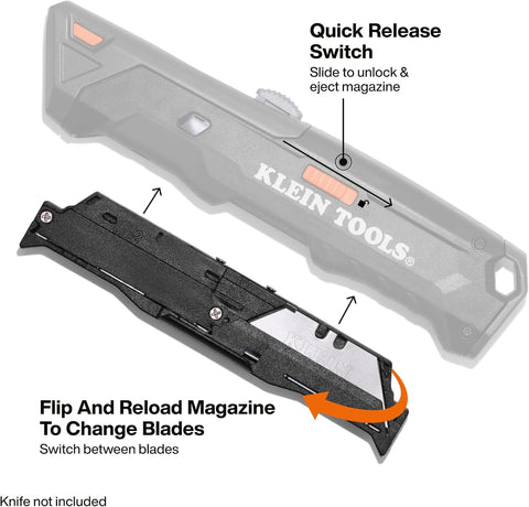 Klein Tools 44308BL Dual-Sided Blade Magazine, 10-Pack, Standard and Hook Blades, Quick-Release Magazine, Auto Reload, Universal Compatibility