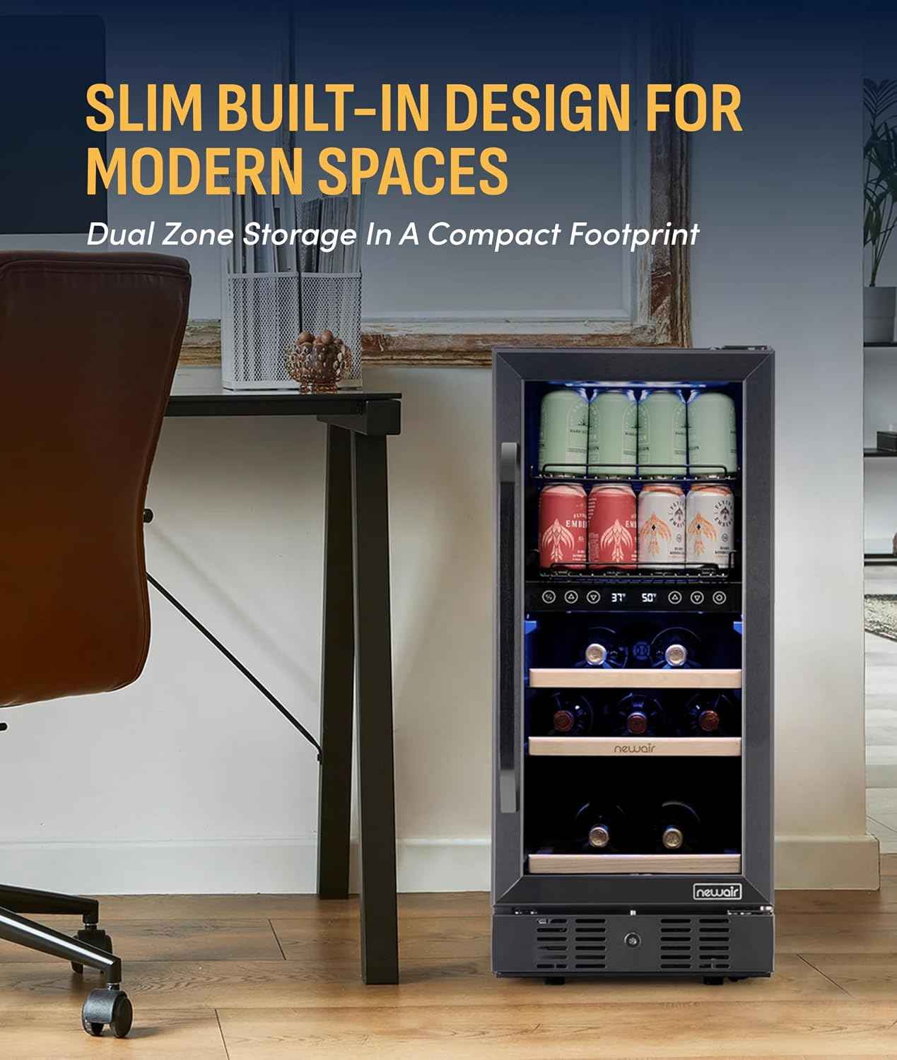 NewAir 15" Wine and Beverage Refrigerator 9 Bottle and 48 Can Capacity, Beverage Cooler in Stainless Steel, Built-in or Freestanding Dual Zone Drink Fridge with Triple-Pane Glass Door