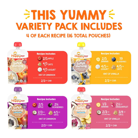 Happy Tot Organics Stage 4 Baby Food Pouches, Gluten Free, Super Morning Fruit & Oat Variety Pack Blend 4 Oz (Pack of 16), Amazon Exclusive