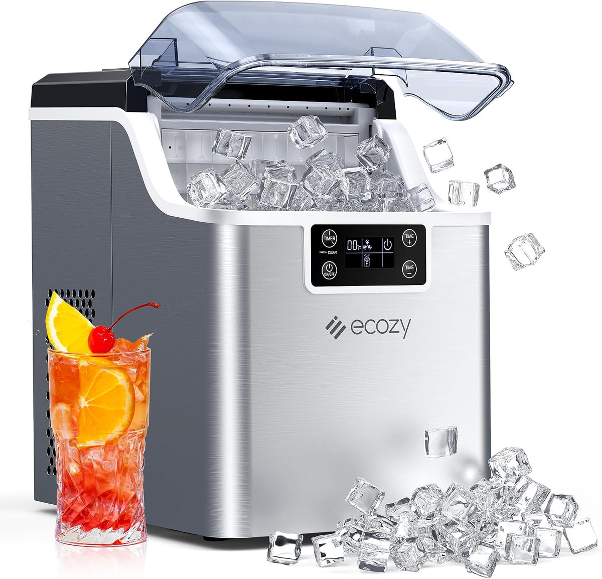 ecozy Portable Ice Cube Maker Countertop, 45 Lbs/Day, Self-Cleaning