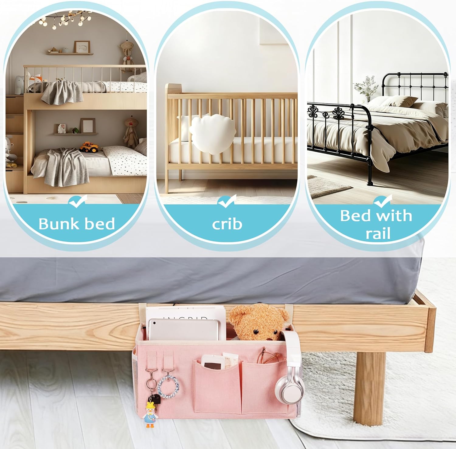 Bedside Caddy, Bedside Storage Bag Hanging Organizer for Bunk Dorm Bed Rail