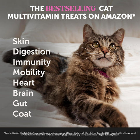 Cat Multivitamin Crunchy Creamy Chews - Daily Cat Vitamins with Lysine, Prebiotics, Omega 3 Fish Oil - Cat Treats for Immune Support, Skin Coat, Digestion, Heart + Joint Health (30-Day Supply)