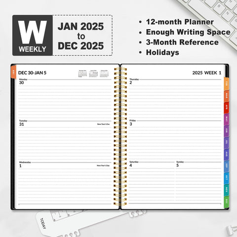 SUNEE 2025 Weekly and Monthly Planner - from January 2025 - December 2025, 8.5"x11" Daily Agenda Planner with Monthly Tab, Flexible Cover, Note Pages, Pockets, Bookmark, Spiral Binding, Black