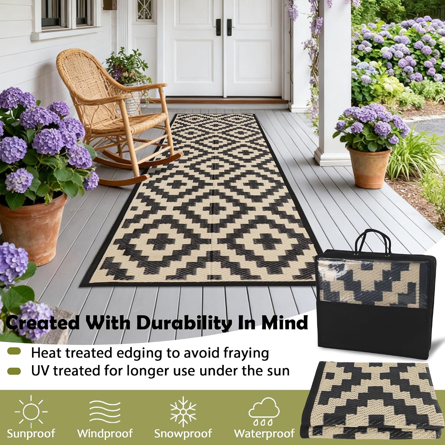 SAND MINE Reversible Mats, Plastic Straw Rug, Modern Area Rug, Large Floor Mat and Rug for Outdoors, RV, Patio, Backyard, Deck, Picnic, Beach, Trailer, Camping (2.5' x 8', Black & Beige Lattice)