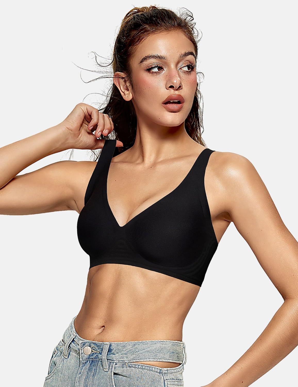 OEAK Womens Jelly Bras Wireless Deep V Comfy Push Up Tshirt Bras BLK XXL+