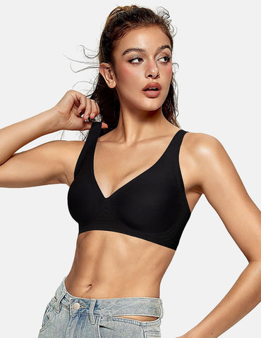 OEAK Womens Jelly Bras Wireless Deep V Comfy Push Up Tshirt Bras BLK XXL+