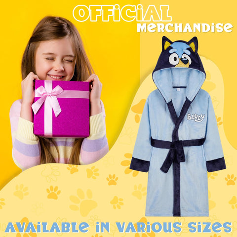 Bluey Robe for Kids, Toddlers, Sizes 18M–8Y with 3D Hood, Fleece Bathrobe, Soft Dressing Gown, Loungewear, Gifts for Girls