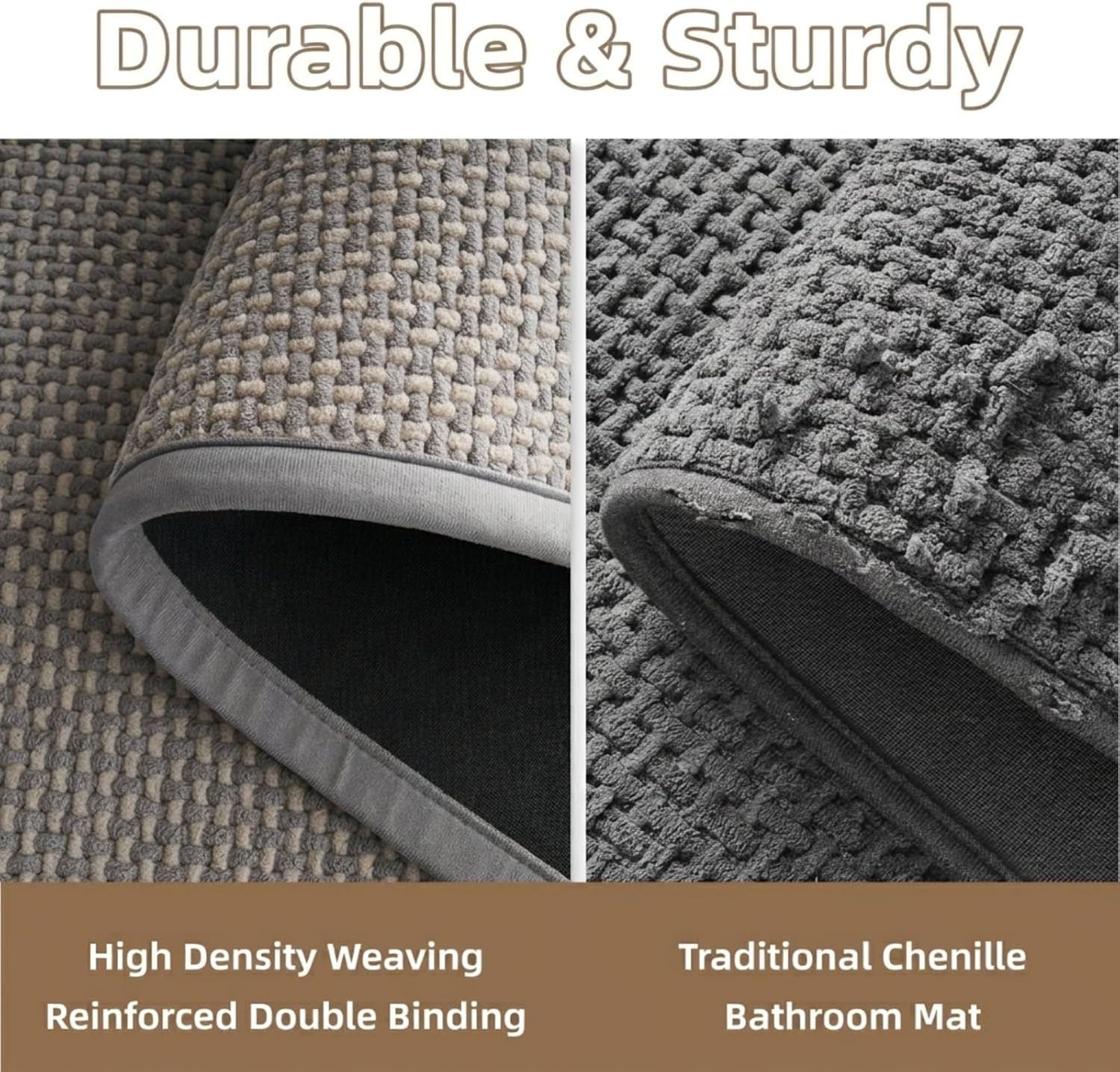 PADOOR-Bath Mat-Super Absorbent Chenille Bathroom Mats-Rubber Backed Bath Mats for Bathroom Non Slip, Easy Clean Bathroom Rugs Front of Bathtub,Shower Room,Sink-17×28, Grey&Beige