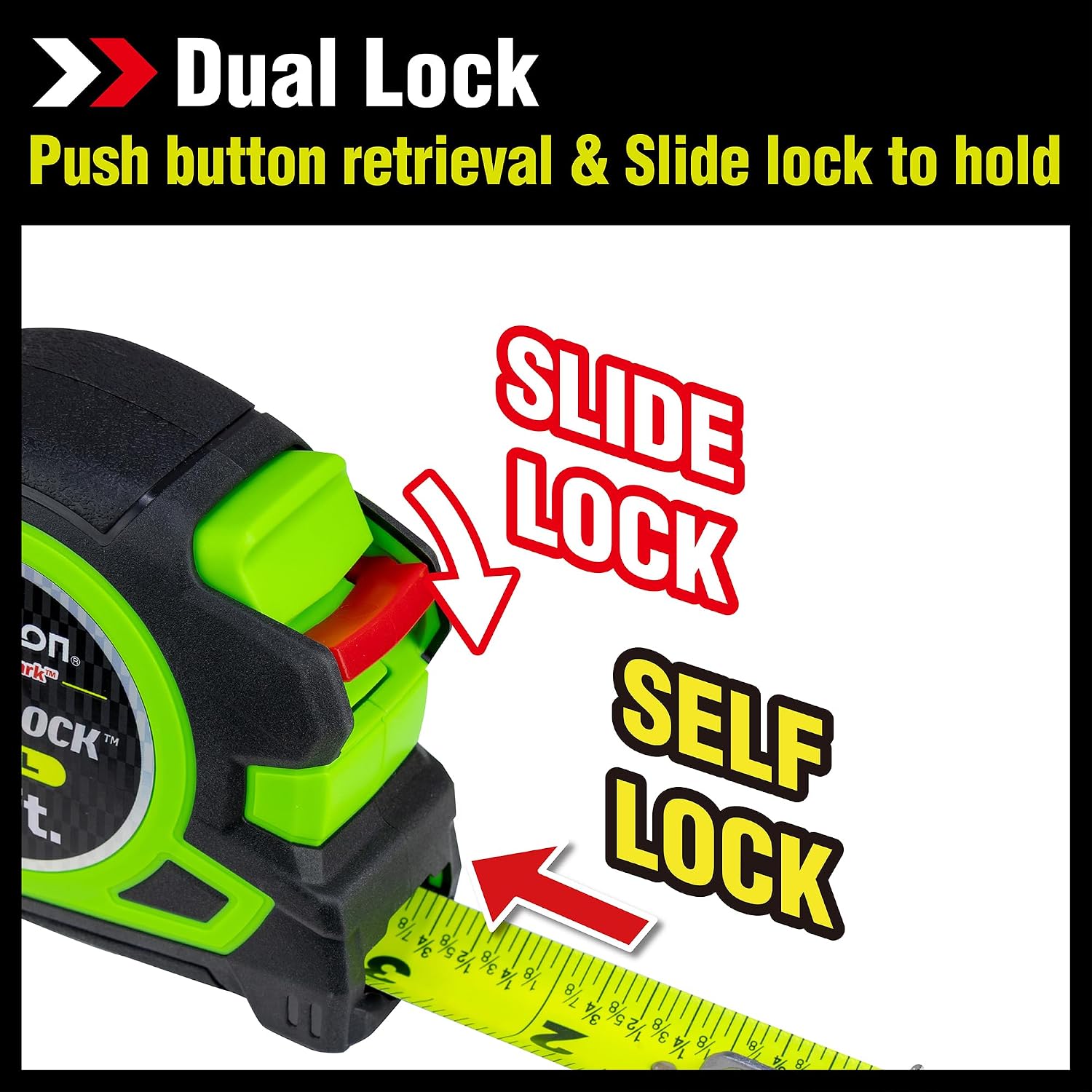 Komelon 25-Ft Self Lock Dual, auto Lock with Secure Lock Mechanism, Printed Fractions