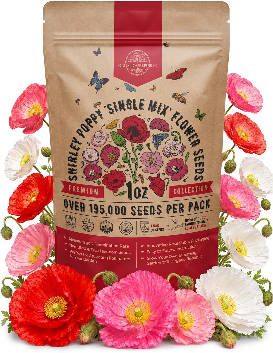 Poppy Shirley Single Mix Flower Seeds 1 oz Pack - Over 195,000 Non-GMO Heirloom Papaver Rhoeas Seeds for Planting, Individual Packet for Indoor & Outdoor Gardening