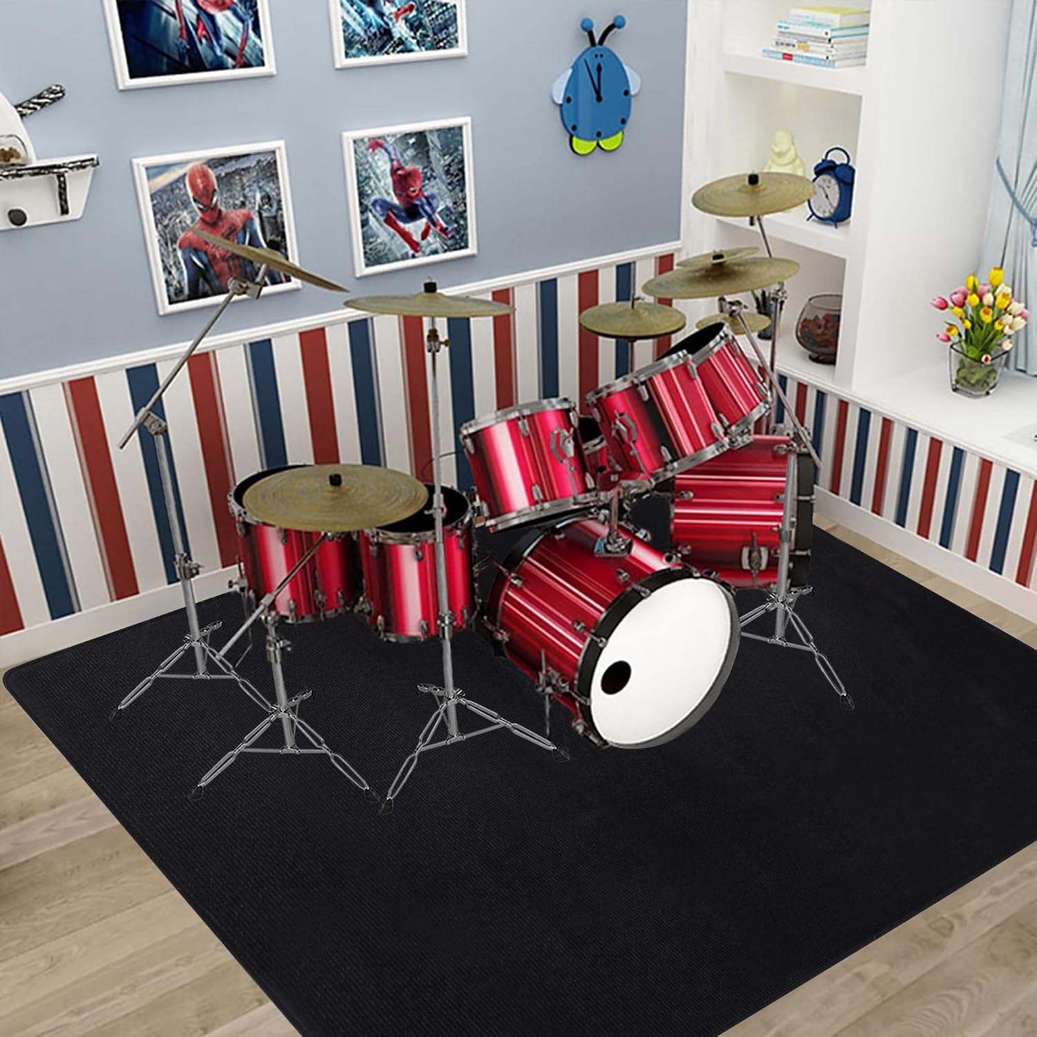 Drum Rug, 4 Ft x 4 Ft Drum Mat Carpet Music Rug with Non-Slip Bottom, Noise Reduction Electrical Pads for Drummers, Black
