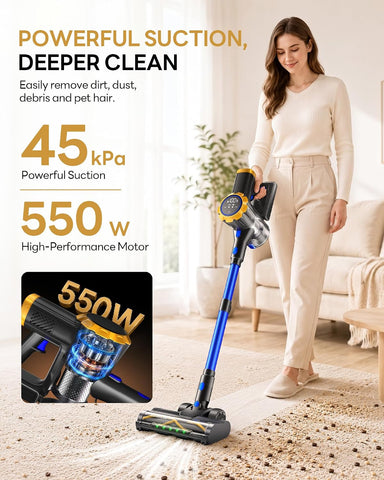 Cordless Vacuum Cleaner for Home 55Mins/45kPa/550W,Rechargeable