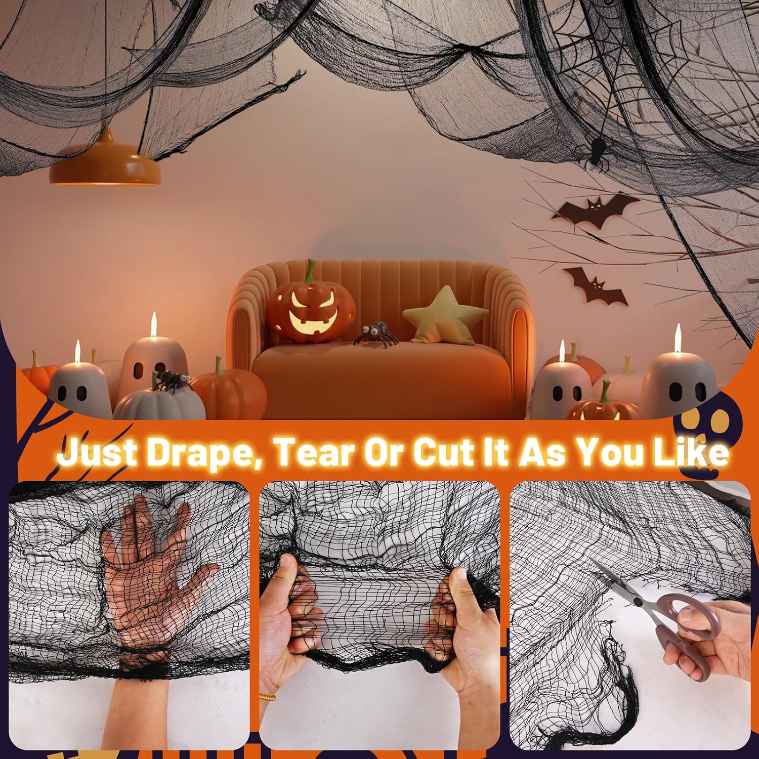 4 Pack Halloween Creepy Cloth Decorations, 30X72 Inch Black Scary Halloween Gauze Cloths, Spooky Cloth for Haunted House, Outdoor Patio, Garden, Halloween Indoor Wall Windows Black Cheesecloth Decor