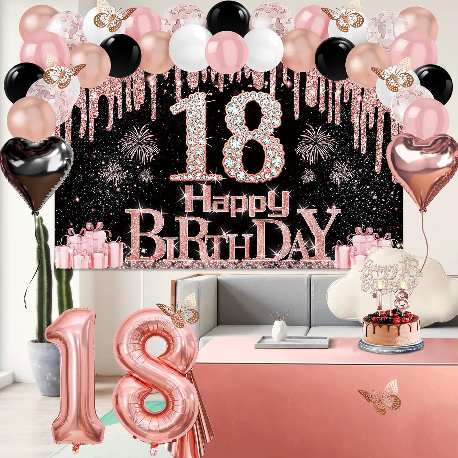 Juesly 18th Birthday Decorations for Girls Rose Gold Black 49pcs