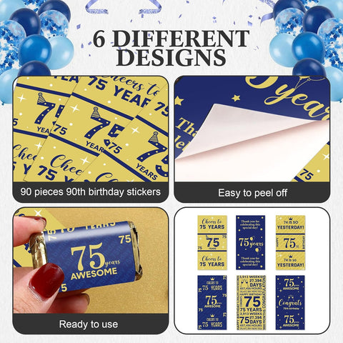 Tenare 90 Pcs 75th Birthday Candy Wrappers, Blue and Gold Stickers