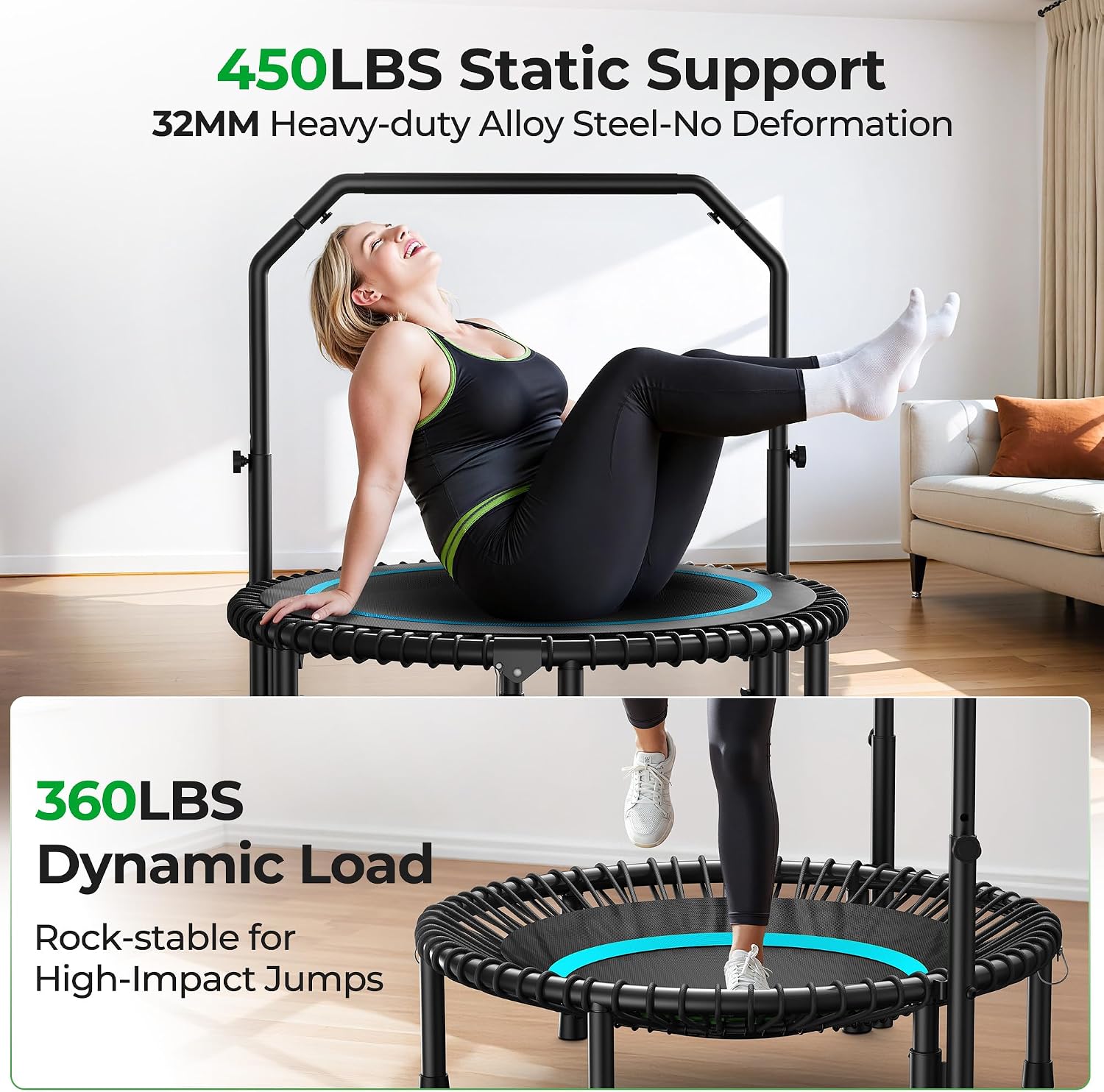 BCAN BT2 40/48" Rebounder Trampoline for Adults, Handle, Indoor, 450/550lbs
