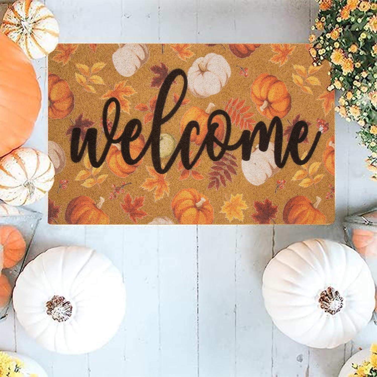 IZUS Fall Hello-Pumpkin Welcome-Doormats Outdoor-Entrance Autumn Harvest-Festival Non-Slip Frontdoor Mat 17x29inch