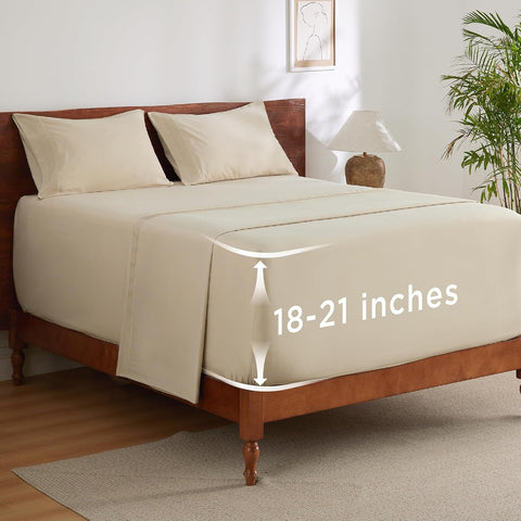 Bedsure Deep Pocket King Sheet Set - Fits Mattresses Up to 21 Inches Thick - 4 Piece GentleSoft Bed Sheets, Moisture Wicking, Soft & Cooling Bedsheet & Pillowcases, Easy & Secure Fit, Beige