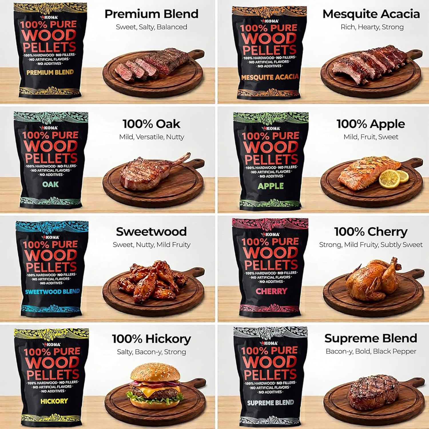 Kona Wood Pellet Variety Pack for Ninja Woodfire - 8 Flavors, 8 x 1 lb