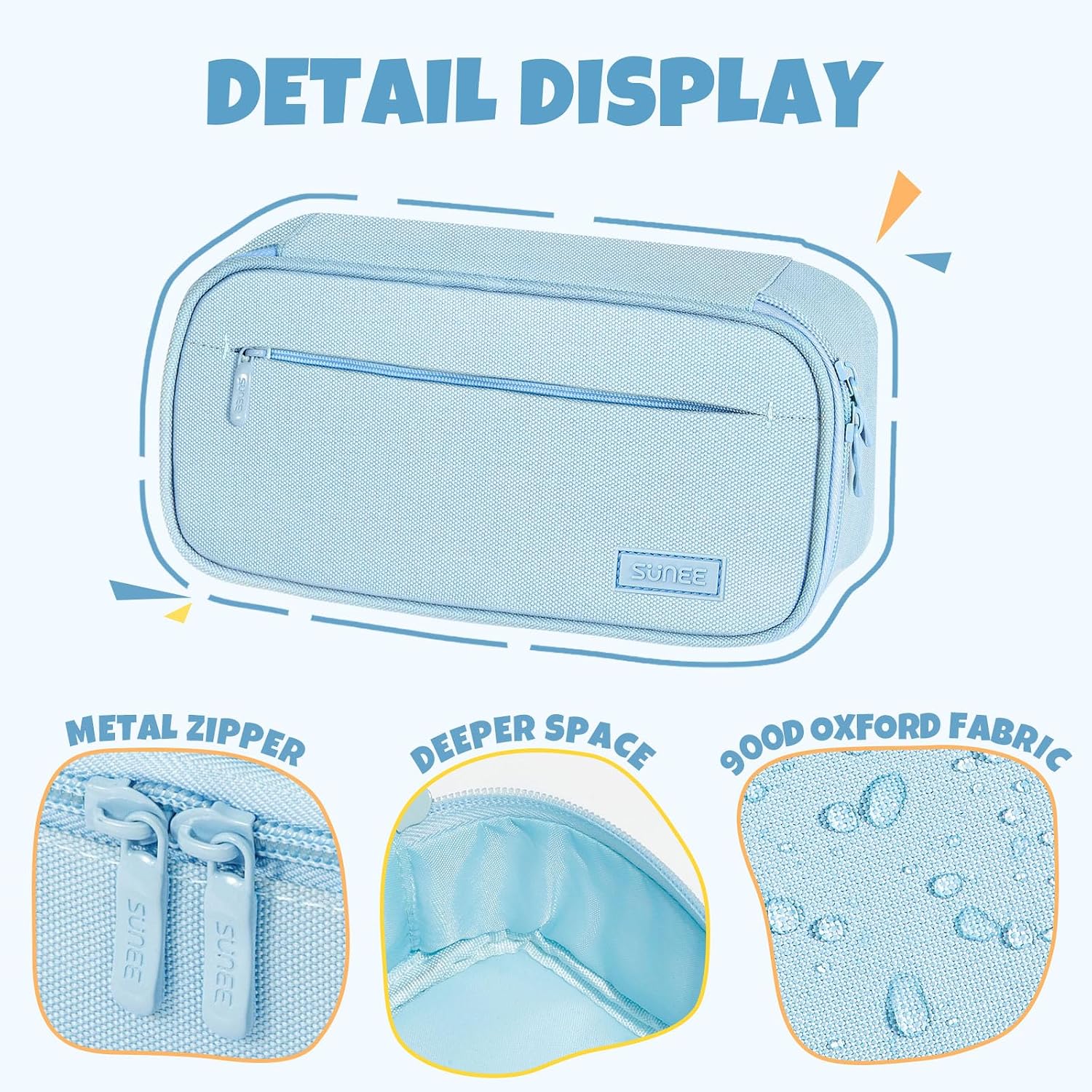 SUNEE Cute Pencil Case, Large Capacity Pencil Pouch, Big Storage Organizer for Stationery, Zipper Pen Bag, Back to School Supplies, Office Organizer Makeup Bag, for Teen Girl Boy Men Women, Blue