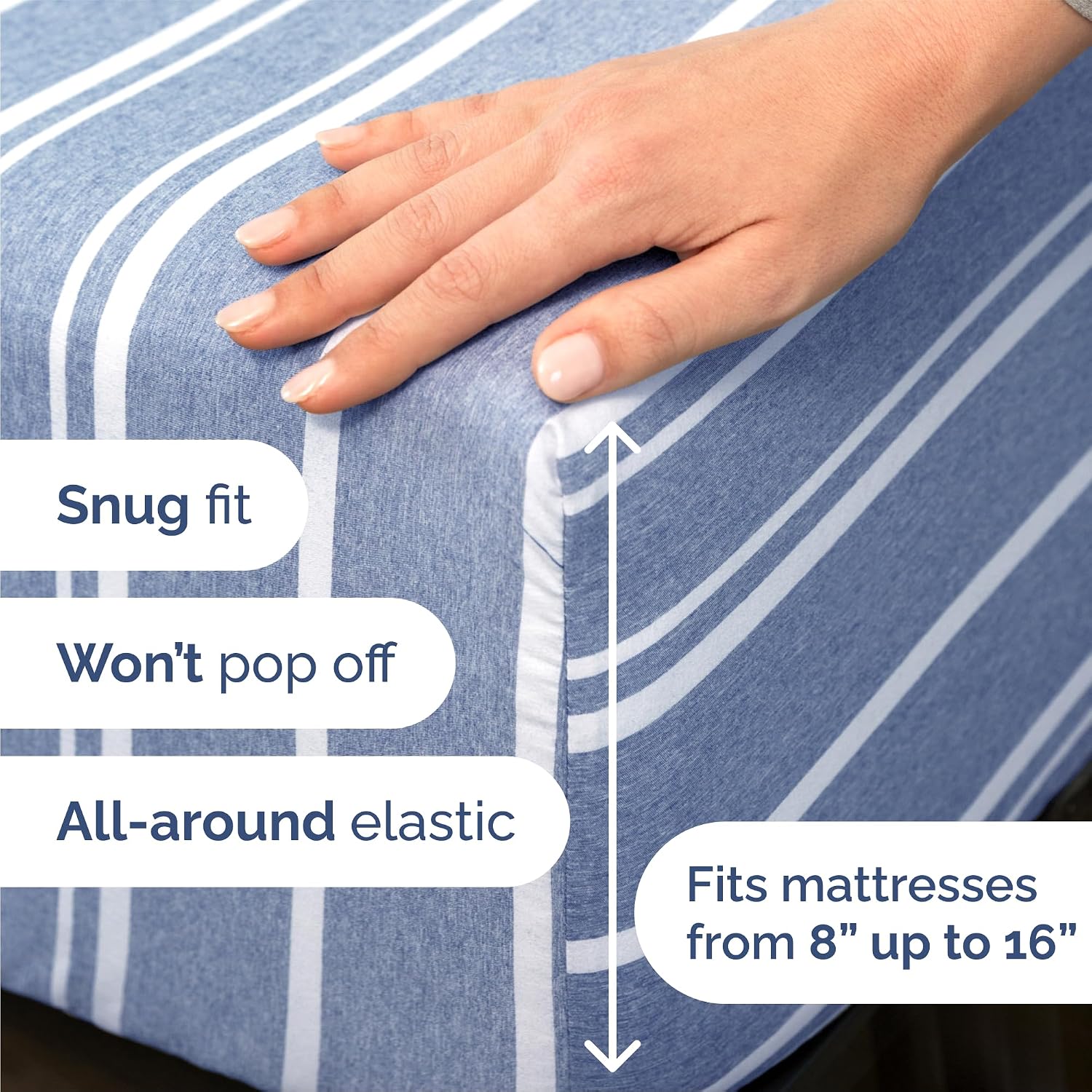 Queen Size 4 Piece Sheet Set - Breathable & Cooling Sheets - Blue Stripes