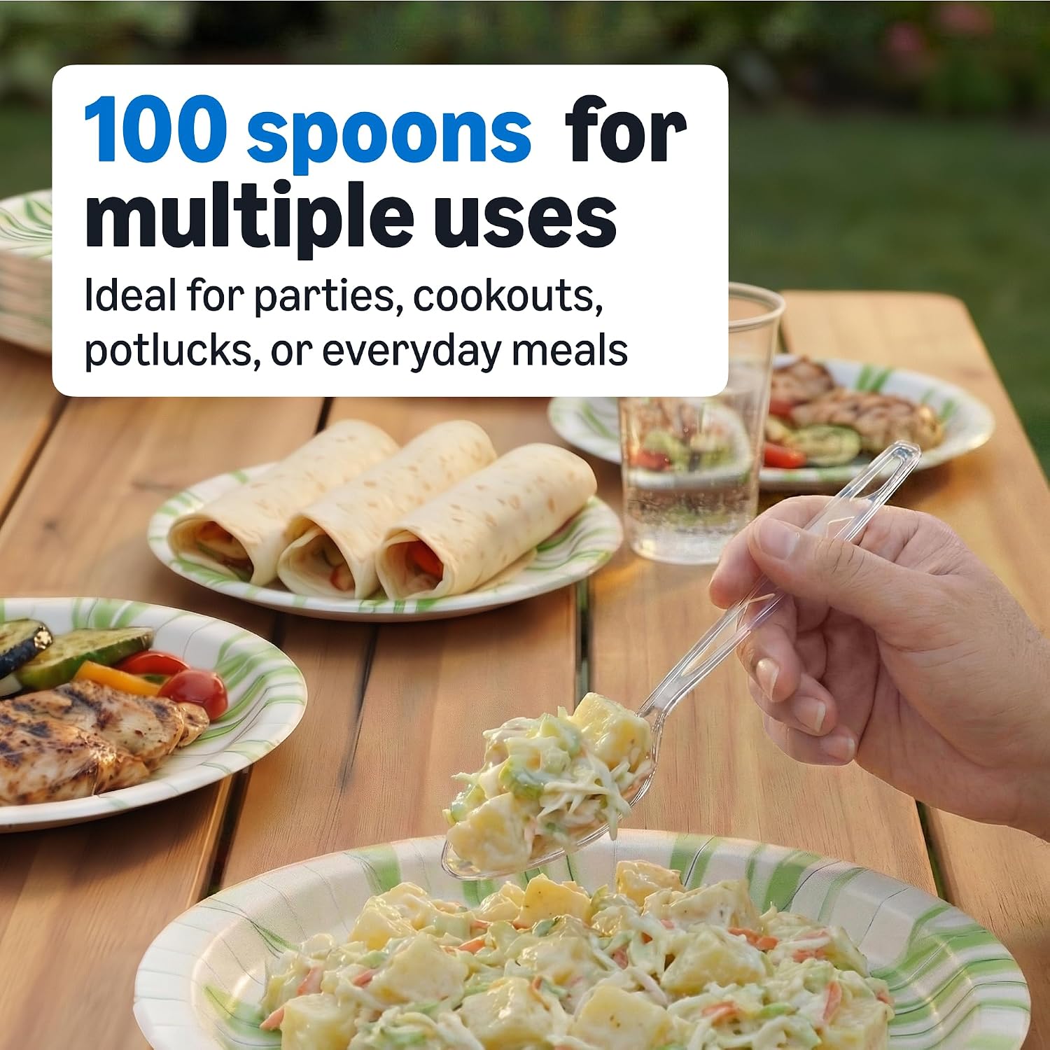 Amazon Basics Disposable Clear Plastic Spoons, Premium Quality, 100 Count, Large Pack, Packaging May Vary