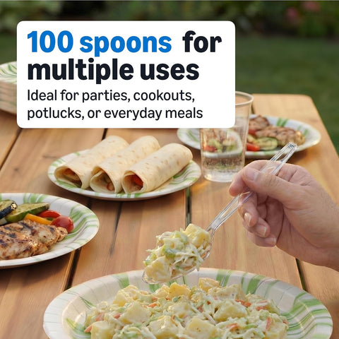 Amazon Basics Disposable Clear Plastic Spoons, Premium Quality, 100 Count, Large Pack, Packaging May Vary