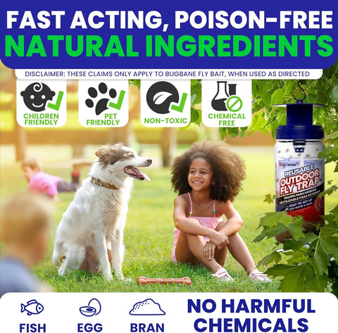 3 Fly Traps Outdoor Fly Trap for Patio with 6 Non-Toxic Dissolvable Bait Refills. Reusable Hanging Bug Catcher Killer for All Filth Flies for Outside Bug Control Yard Ranch. Hanging Chains Included.