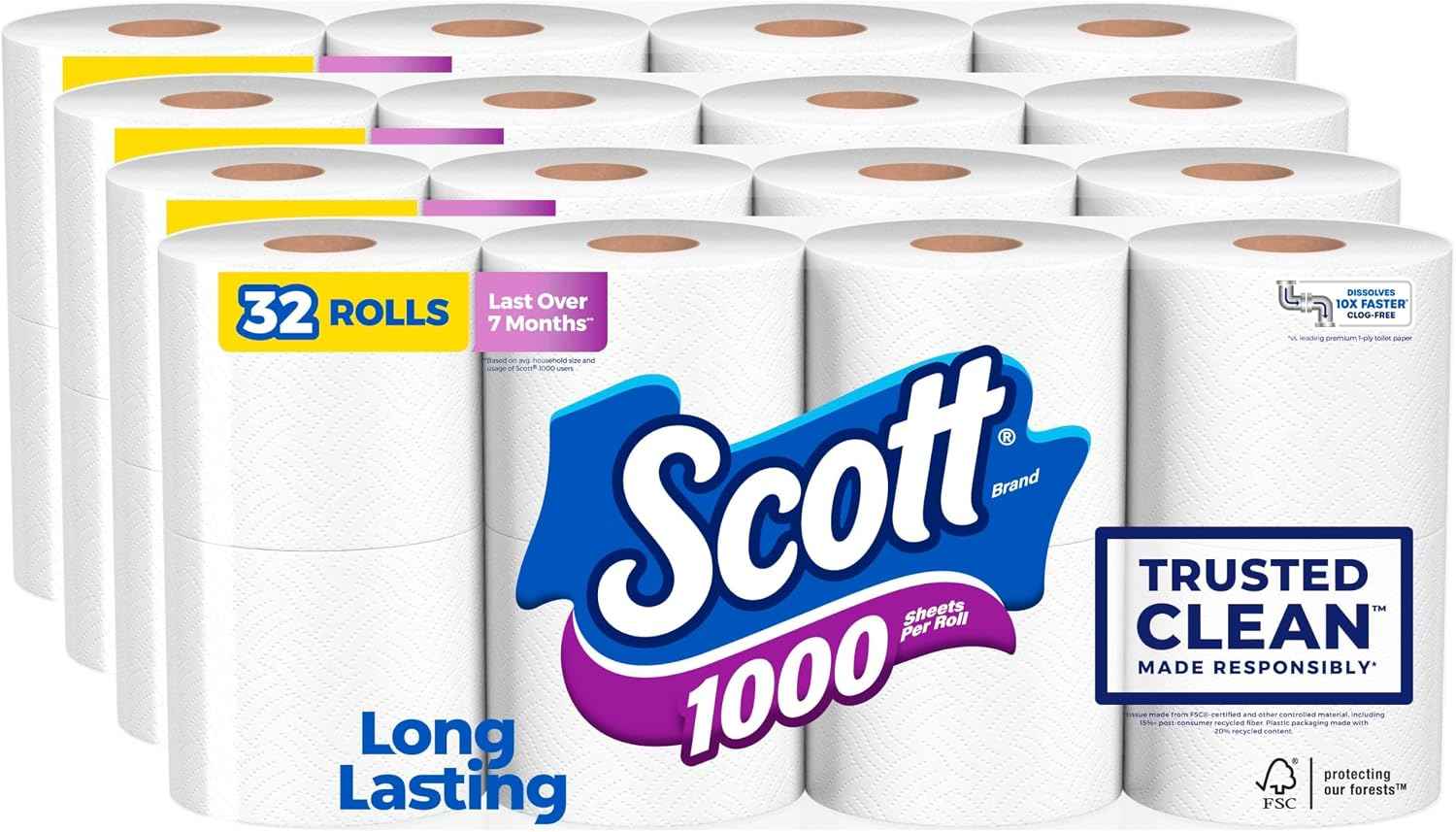 Scott 1000 Trusted Clean Toilet Paper, 32 Rolls, 1000 Sheets per Roll