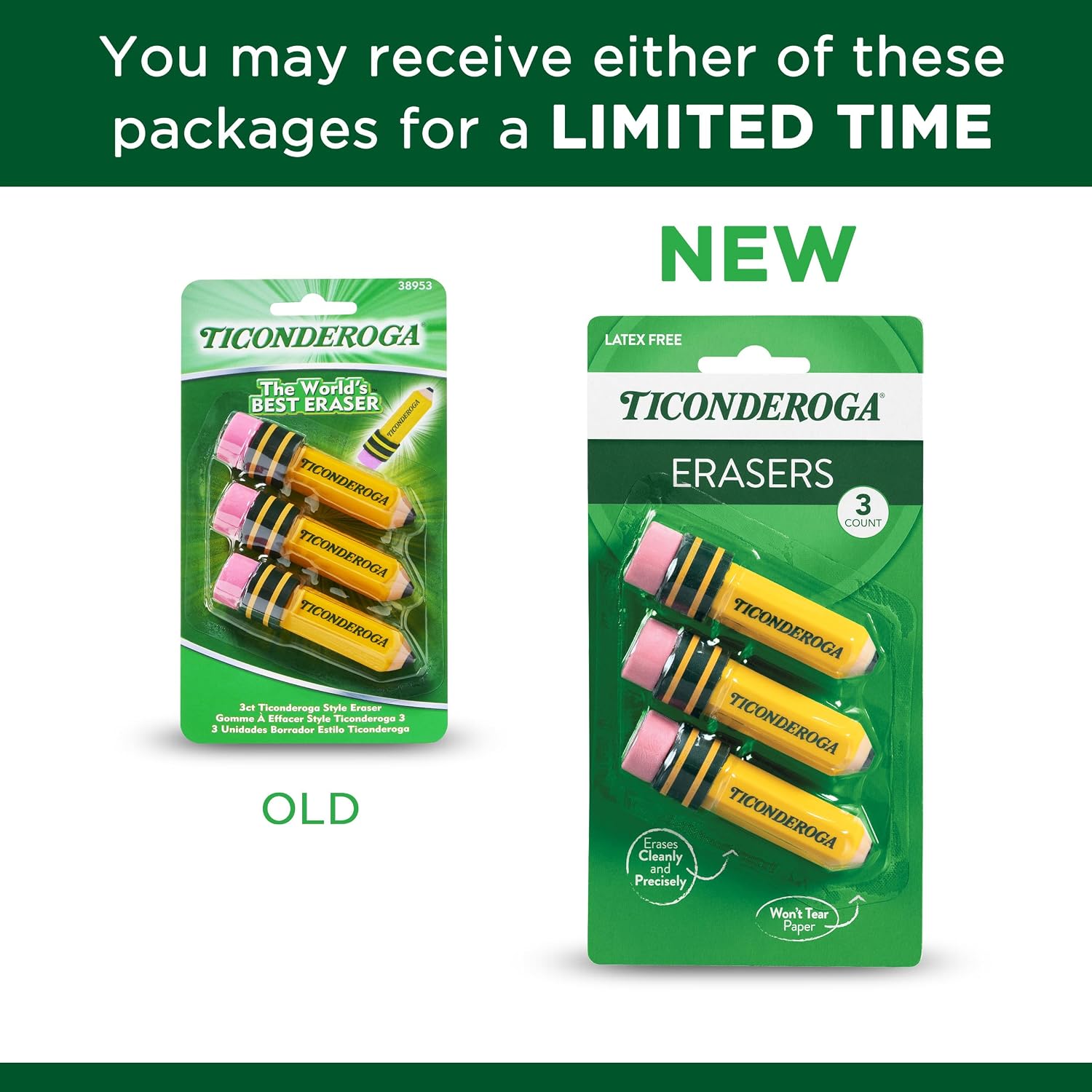 Ticonderoga Pencil Shaped Erasers, Yellow, 3 Count