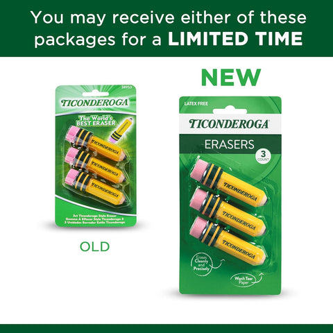 Ticonderoga Pencil Shaped Erasers, Yellow, 3 Count