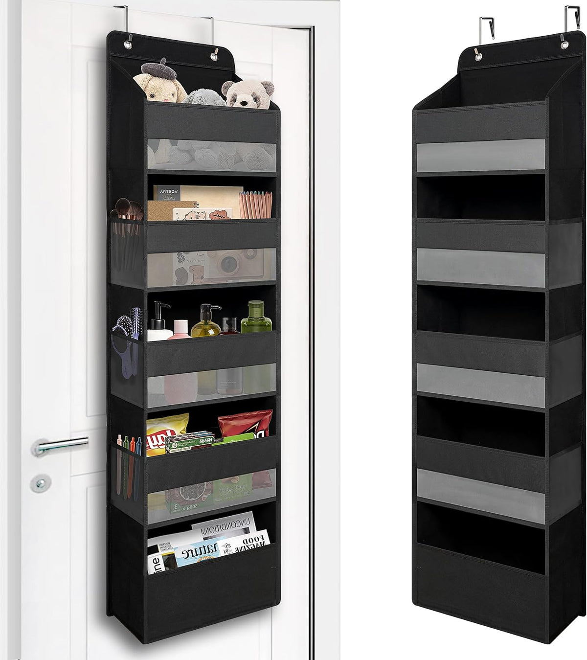 TYMENSH Black Over Door Organizer with 5 Large Pockets and 6 Side Mesh Pockets, Anti-Tilt Hanging Door Storage for Closet, Bathroom, Nursery, Bedroom, Dorm