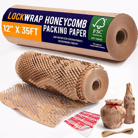 Honeycomb Packing Paper For Moving 12" x 35ft With Rope & Fragile Stickers