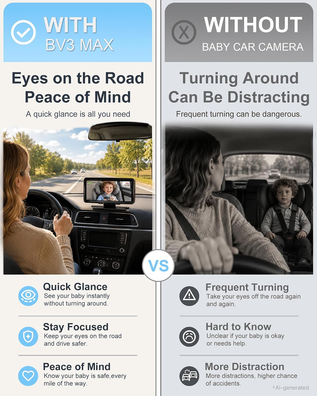 Babyvue BV3 MAX Dual Baby Car Camera Monitor, 7.2 Split Screen for 2 Kids