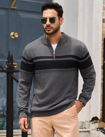 TACVASEN Men's Quarter Zip Sweaters Cotton Pullover Sweater Striped Casual Fall Winter Warm Pullover Sweatshirts