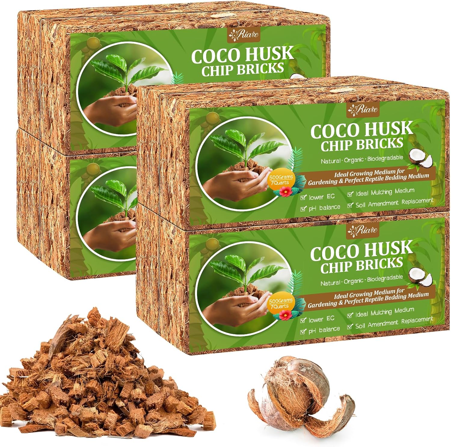 Riare 8 Pack Organic Coco Coir Chips for Plants, 8.8 lb Coconut Husk Bricks