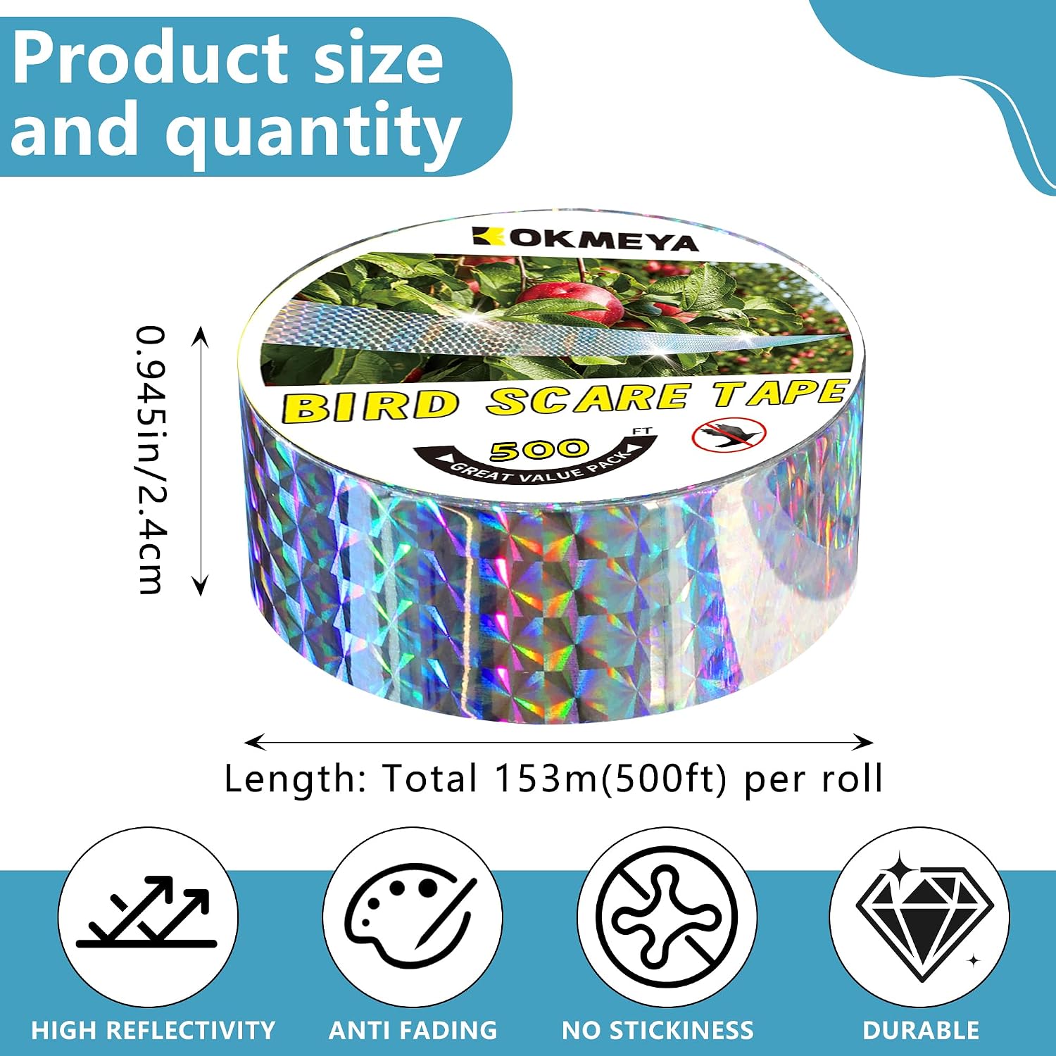 Bird Scare Tapes 500FT*2 Reflective Flash Tape for Birds, Bird Scare Device Double Side Ribbon Scare Birds Away for House, Garden, Yard, Orchard, Patio