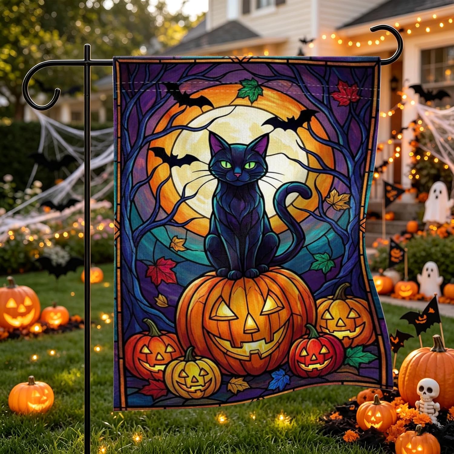 Halloween Black Cat Garden Flag 12x18 Inch Spooky Pumpkin Outdoor Yard Flag