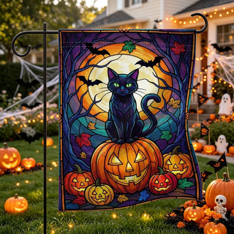 Halloween Black Cat Garden Flag 12x18 Inch Spooky Pumpkin Outdoor Yard Flag