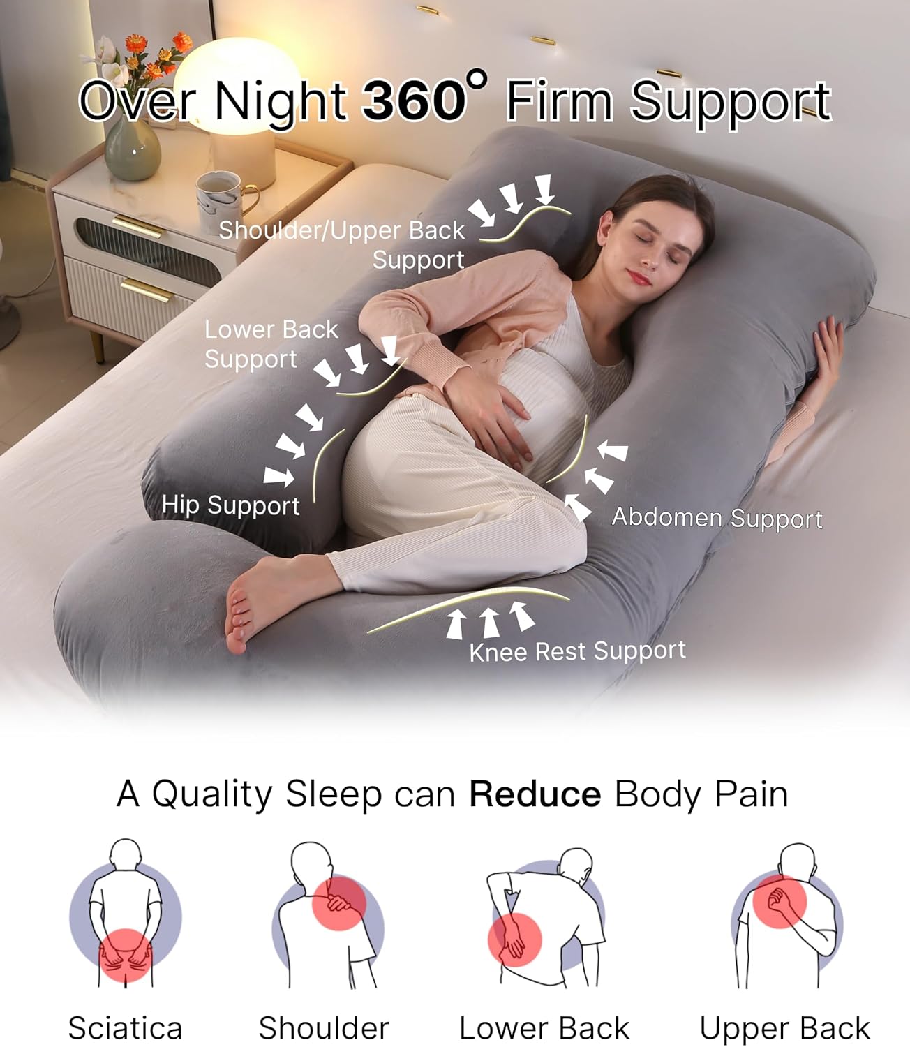 ALLOPERA Pregnancy Pillow, Full Body Maternity Pillow 57 inch, with Removable Washable Cover - Support for Legs, Back, Neck, Shoulder, HIPS, Belly for Pregnent Women, Jersey Knit Cotton (Dark Grey)
