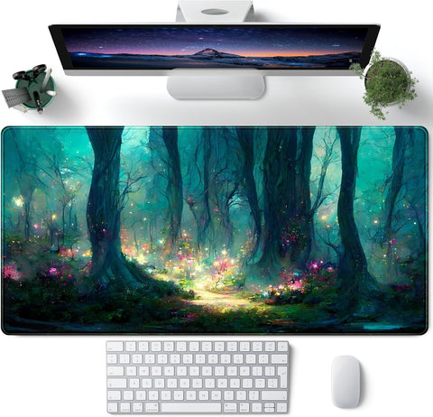 Forest Desk Mat Blue Green Mouse Pad Large Laptop Computer Keyboard Mouse Mat Gaming Mousepad XXL 31.5''X 15.7'' Deskpad Deskmat Cute Desk Pad