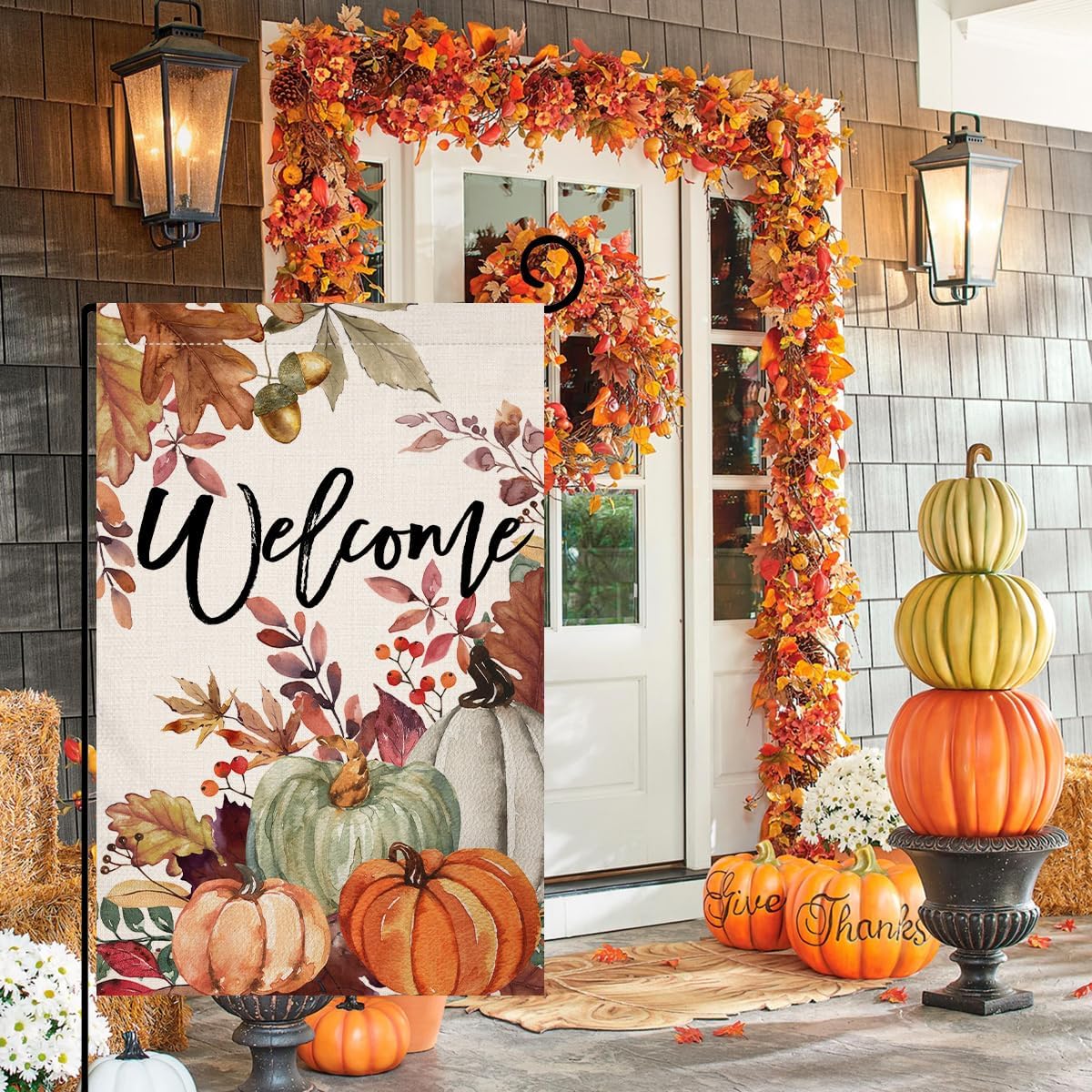 Fall Pumpkin Leaves Garden Flag 12x18 Vertical Double Sided Welcome Autumn Thanksgiving Holiday Outside Decorations Burlap Yard Flag BW823