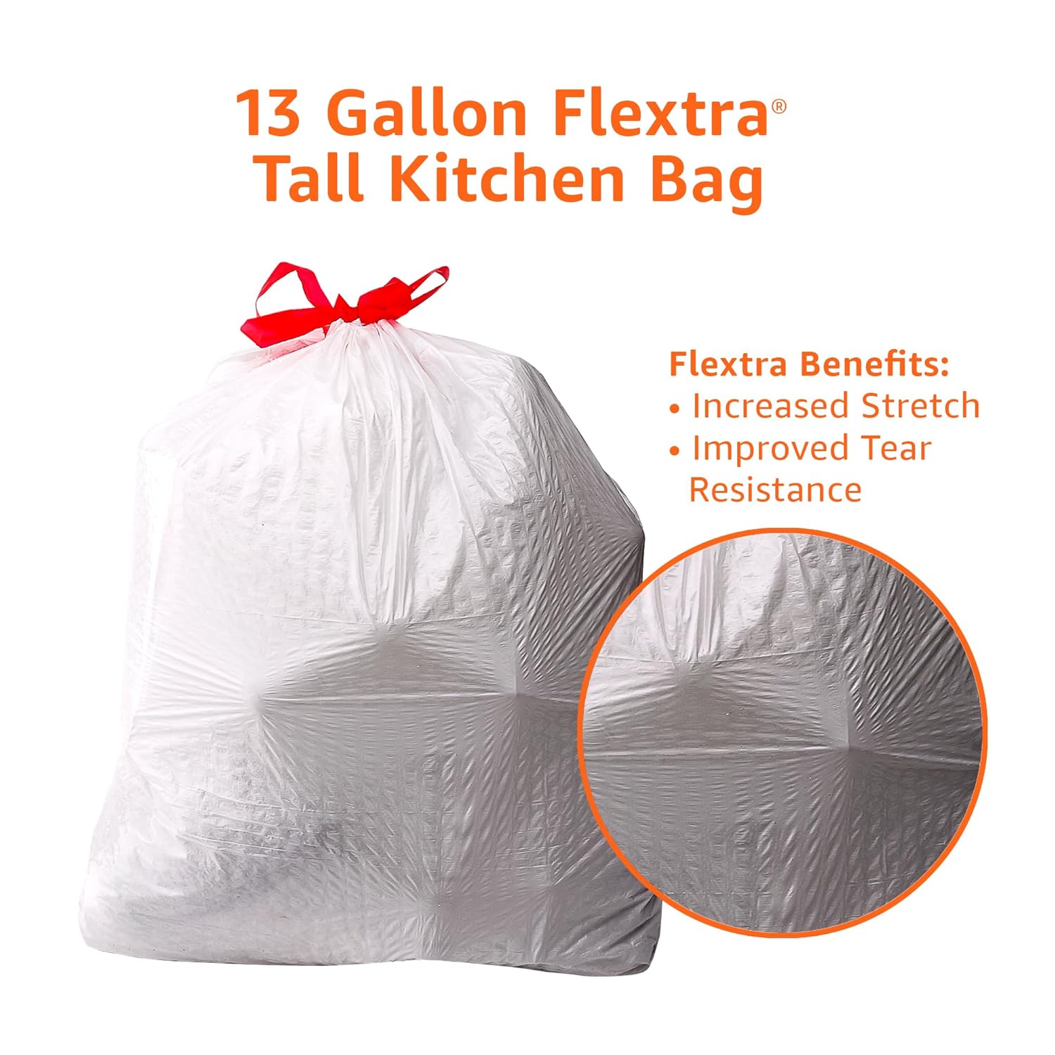 Amazon Basics Flextra Tall Kitchen Drawstring Trash Bags, 13 Gallon, Tear-Resistant, Unscented, 50 Count (Pack of 6)