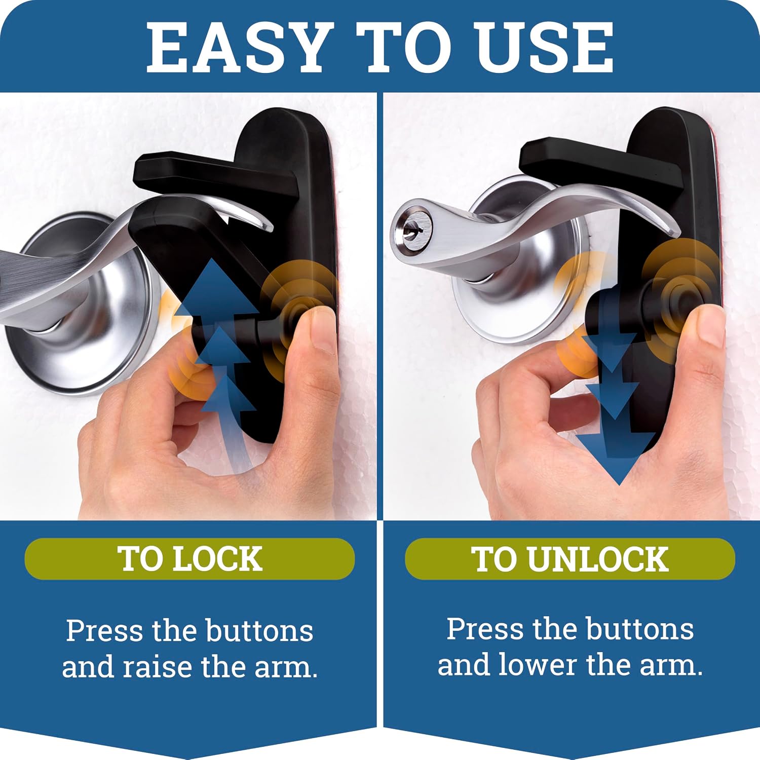 Door Lever Lock (2 Pack) Prevents Toddlers from Opening Doors. 3.25" L * 1.5" W * 4.5" H Easy One Hand Operation for Adults. Durable ABS with 3M Adhesive Backing. Simple Install, Black