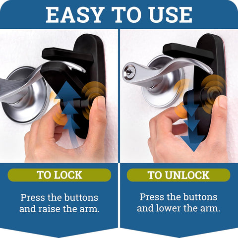 Door Lever Lock (2 Pack) Prevents Toddlers from Opening Doors. 3.25" L * 1.5" W * 4.5" H Easy One Hand Operation for Adults. Durable ABS with 3M Adhesive Backing. Simple Install, Black